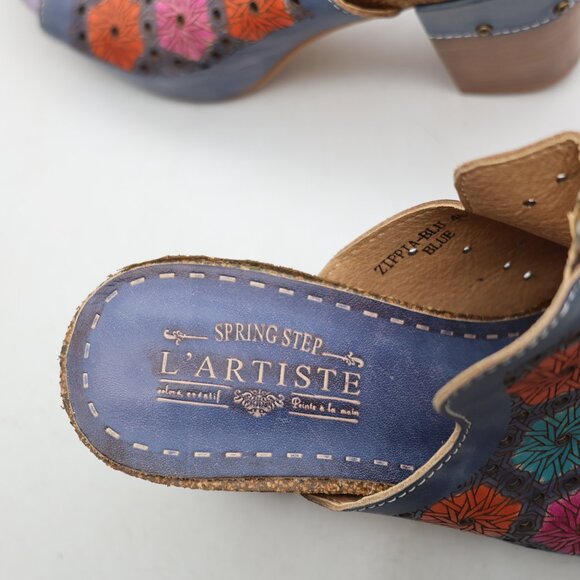L'artiste Spring Step Zippia Blue Floral Women's EU 40 Open Toe Chunky Heel Clog - Picture 10 of 11
